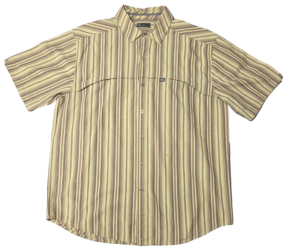 REI Men's M Button Up Shirt Short Sleeve Striped 100% Cotton Earth Tones